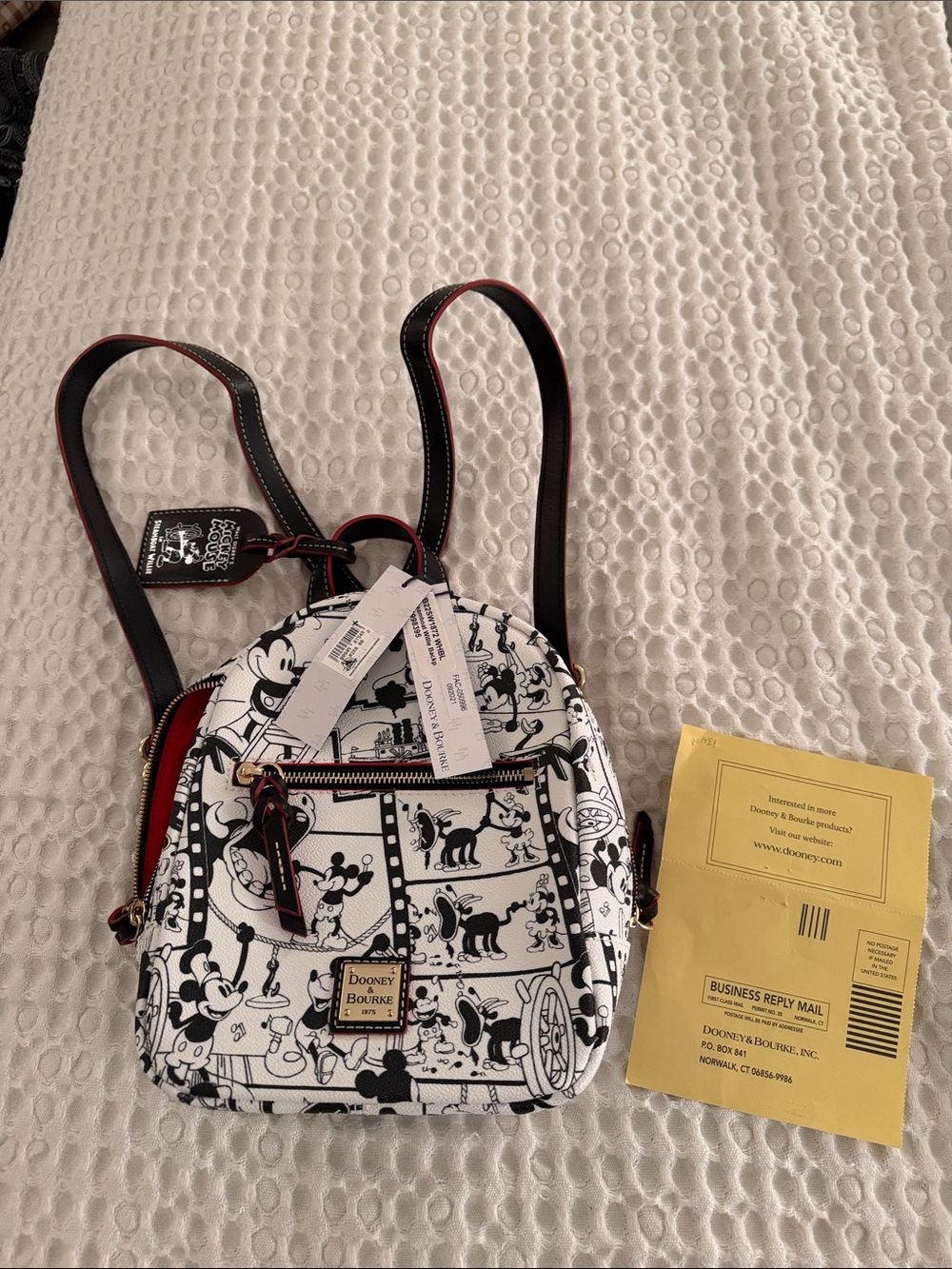 Dooney & Bourke Black and White Mickey Comic Mini Backpack with Red Trim